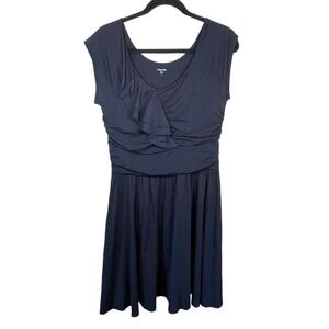 Garnet Hill Small Piazza Black Jersey‎ Knit Dress Front Ruffle Ruched Side